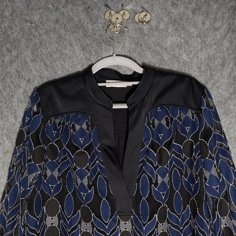 Tory Burch Harbor Silk Tunic L Blue Mesh Appliqué Lined Neck Long Sheer Sleeve